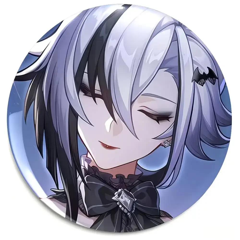 Fatui Game Character Round Badge Black And White Hair Bat Shaped Hair Clip Gothic Black Bow