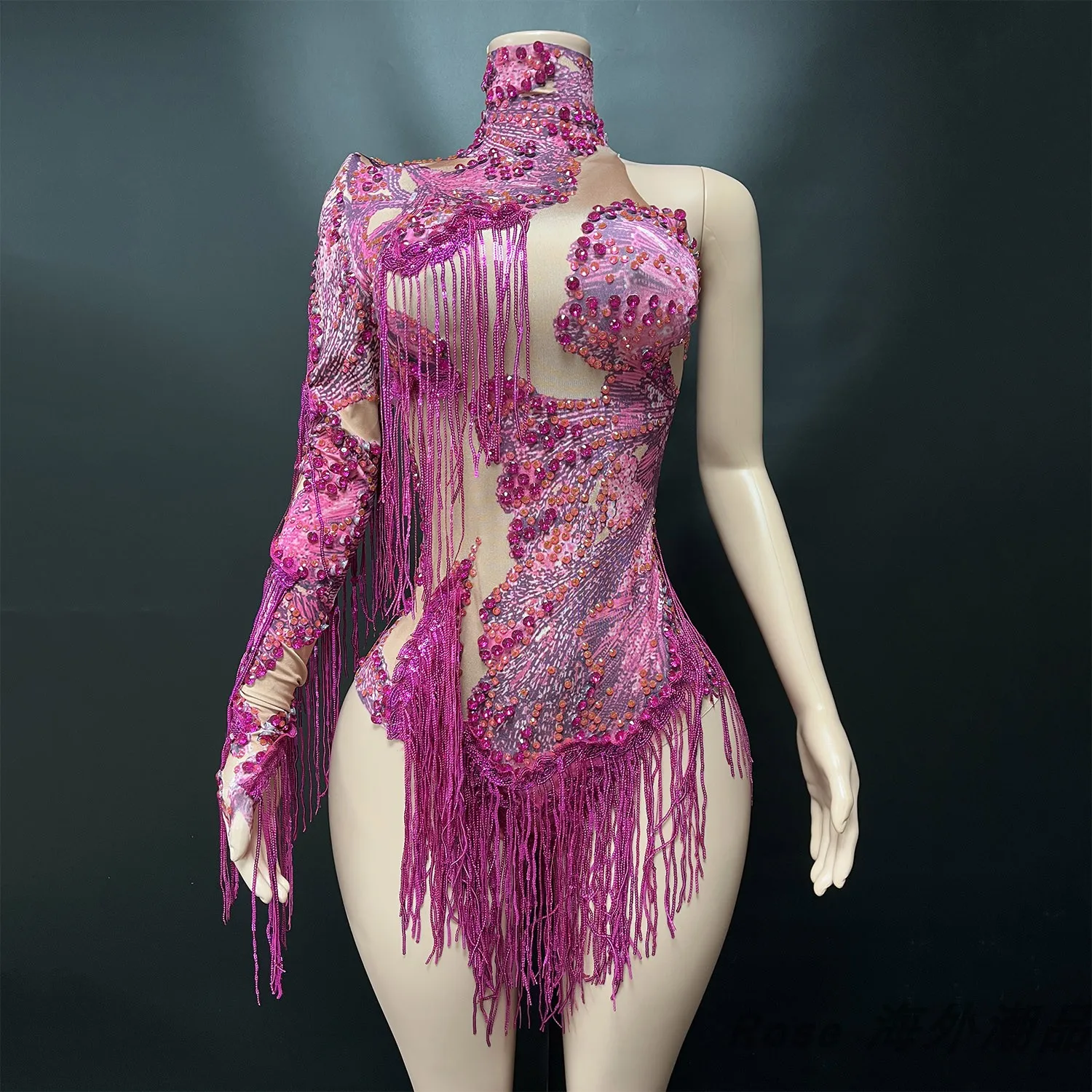 Viele Farben One Sleeve Strass Fransen Body Frauen Pole Dance Kleidung Drag Queen Outfit Bar Bühne Gogo Kostüm XS10380