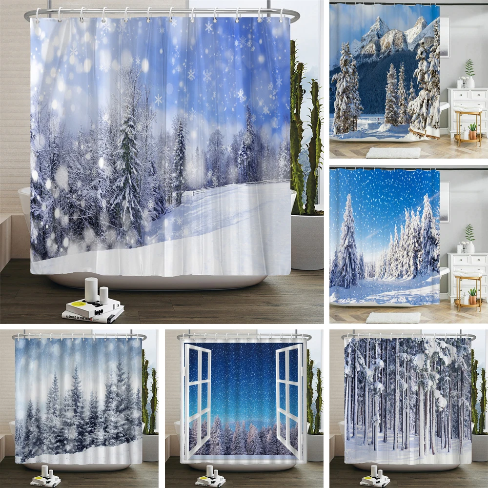 

Winter Landscape Shower Curtains White Snow Mountain Forest Bathroom Curtains For Home Decor Polyester Bath Curtains With Hooks