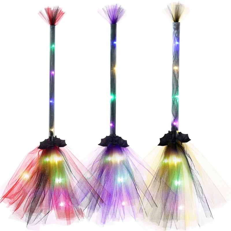 Halloween Decorations Witch Broom with LED Lights Props Children Cosplay Gift