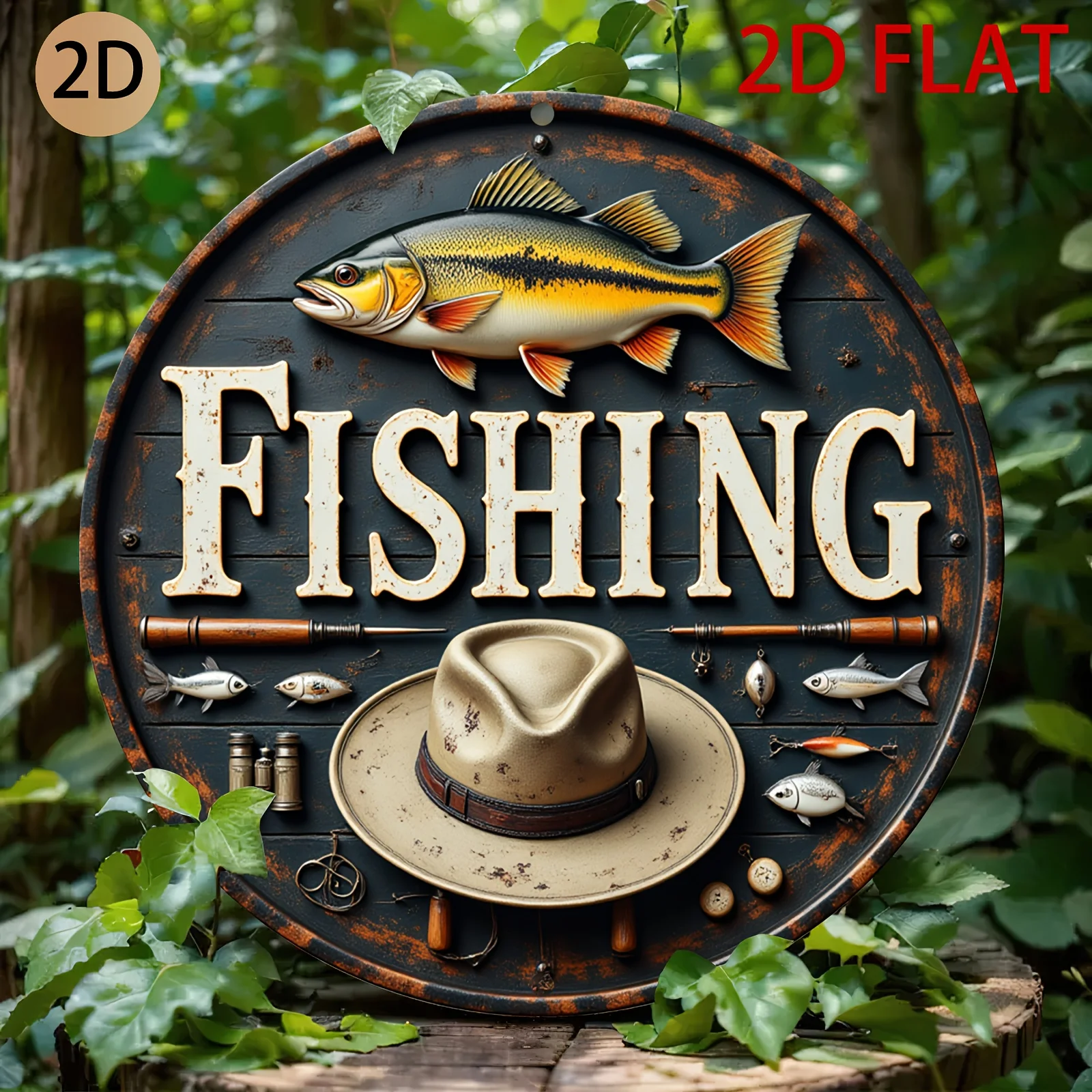 2D Flat - A Vintage Tin Sign Featuring a Circular Design Related to Fishing, Perfect for Decorating a Home, Man Cave, Or Fishing