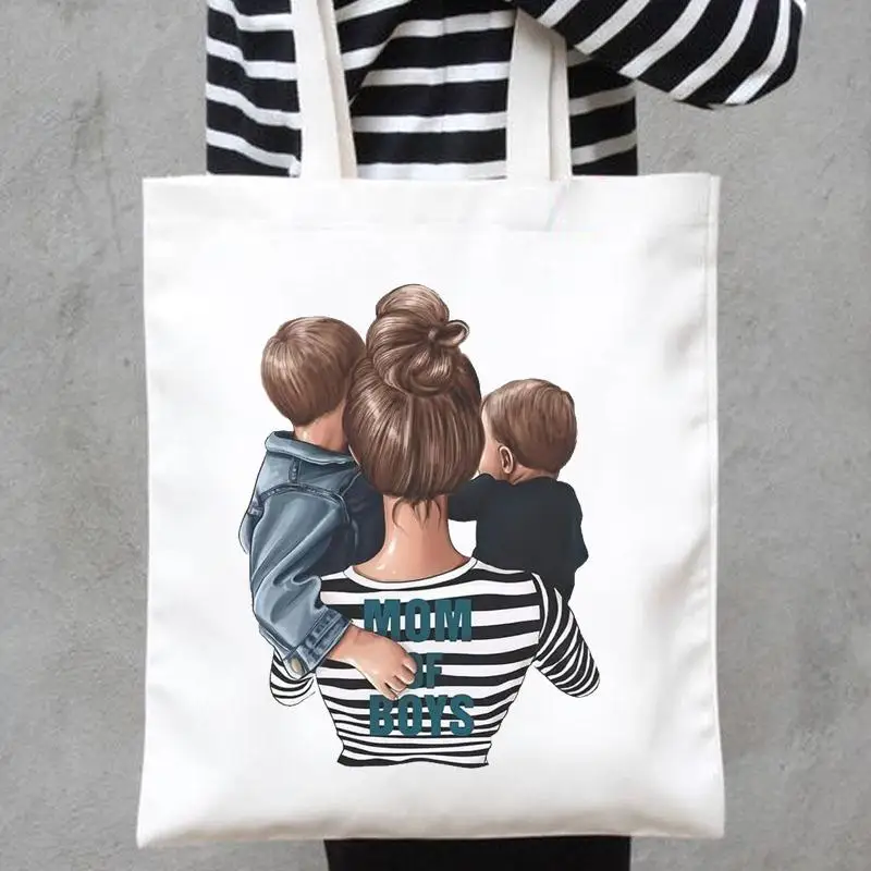 Mom Mama Mother Print Striped Son Sweet Shopper Handbags Fashion Shoulder Canvas Bags Casual Shopping Girls Women Tote Bag