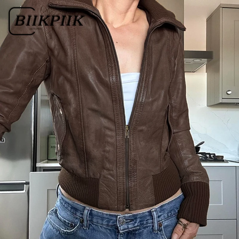 BIIKPIIK Vintage Leather Jackets American Retro Patchwork Zipper Slim Fit Coats Autumn Winter Women PU Jackets Simple Outer Wear