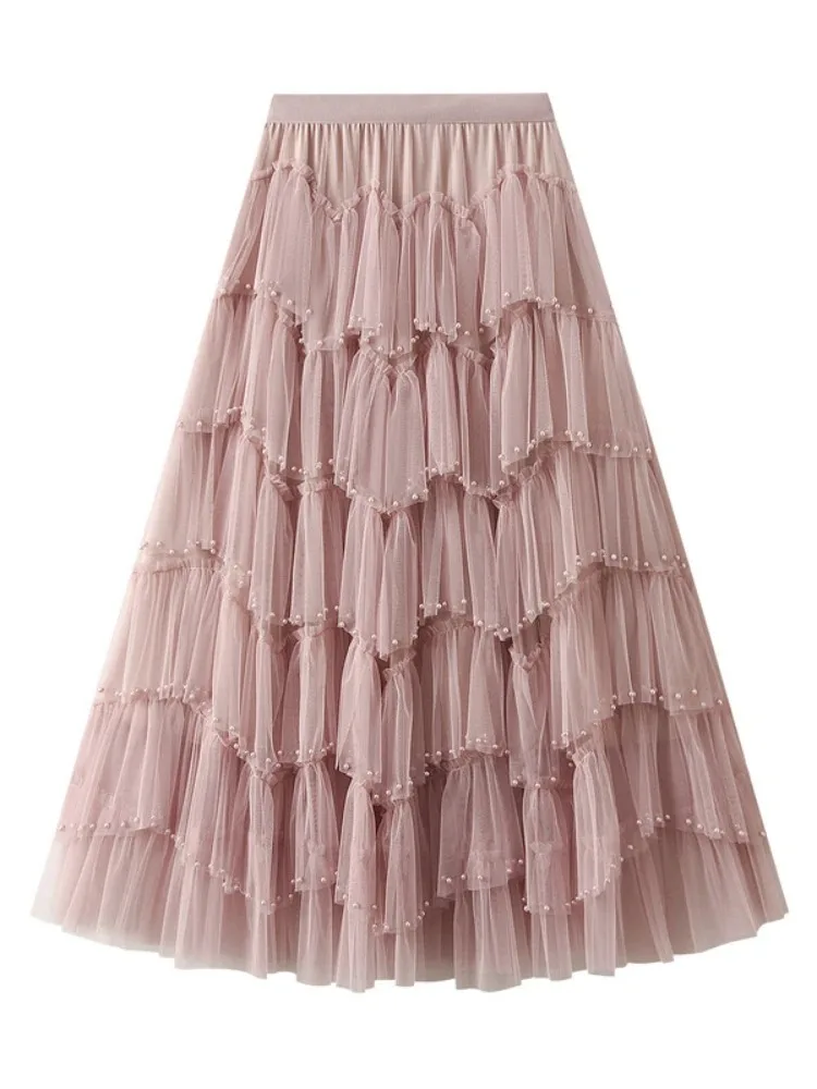 

2024 New Fashion Beading Tiered Maxi Tutu Tulle Skirt Casual Women Korean High Street A Line High Waist Long Mesh Skirts Female