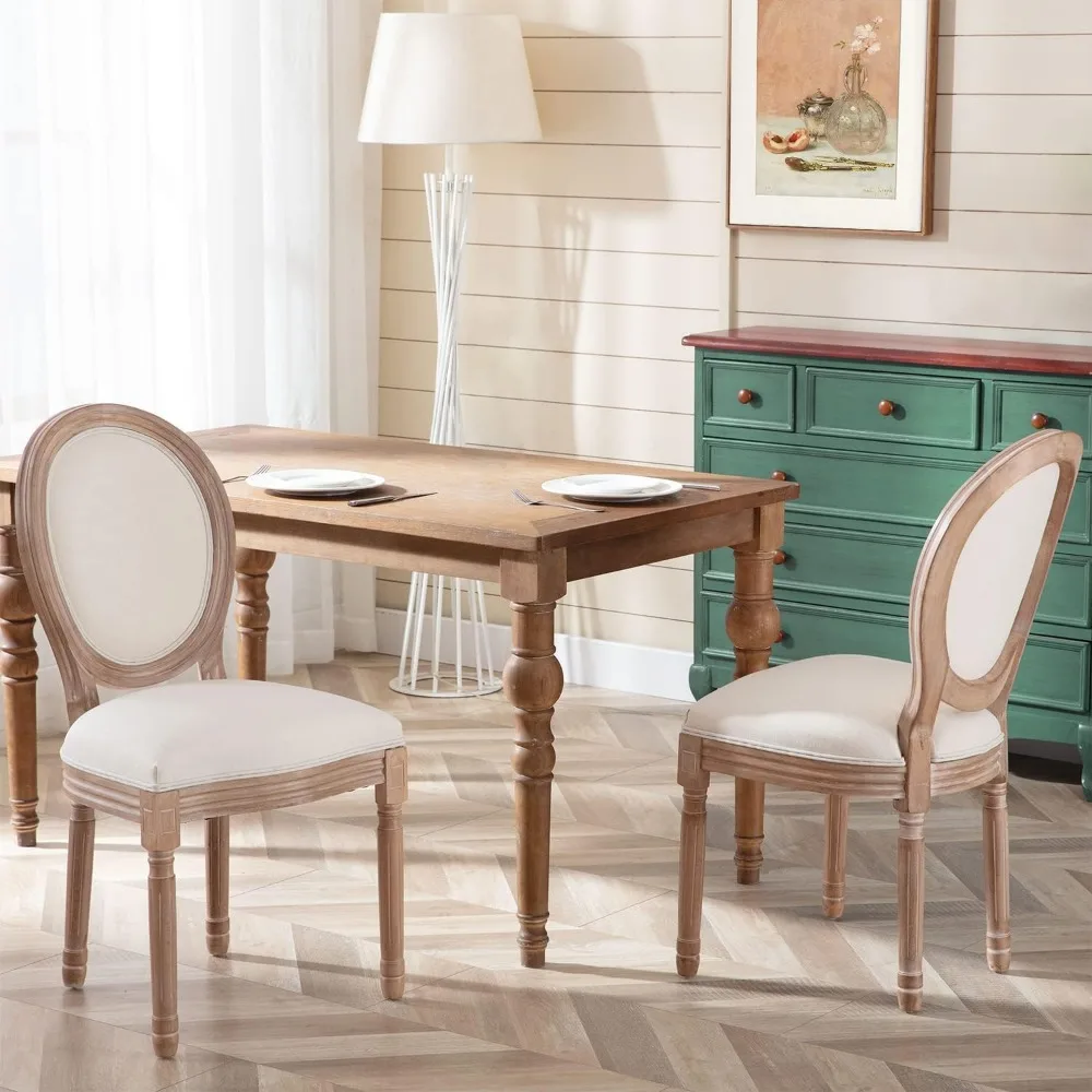 French Country Dining Chairs Set of 2, Vintage Louis Chairs with Curved Backrest and Beautifully Carved Solid Wood Frame Farmho