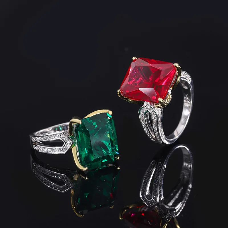 

S925 Sterling Silver 12*14mm Emerald Crystal Pigeon Blood Ruby Square Ring For Women Vintage Jewelry Luxury Designer Nordic Gift