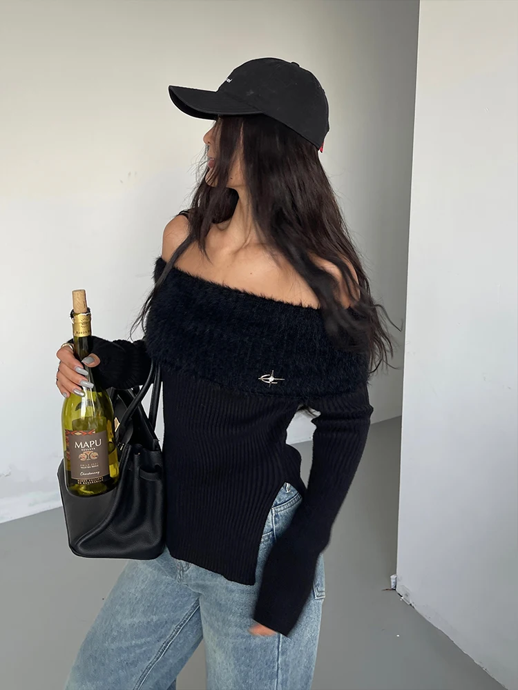 WOMENGAGA Spicy Girl Slash Neck Off Shoulder Knitted Sweater For Women Winter New Slim Top Fashion Sexy Korean Women Top B5FU