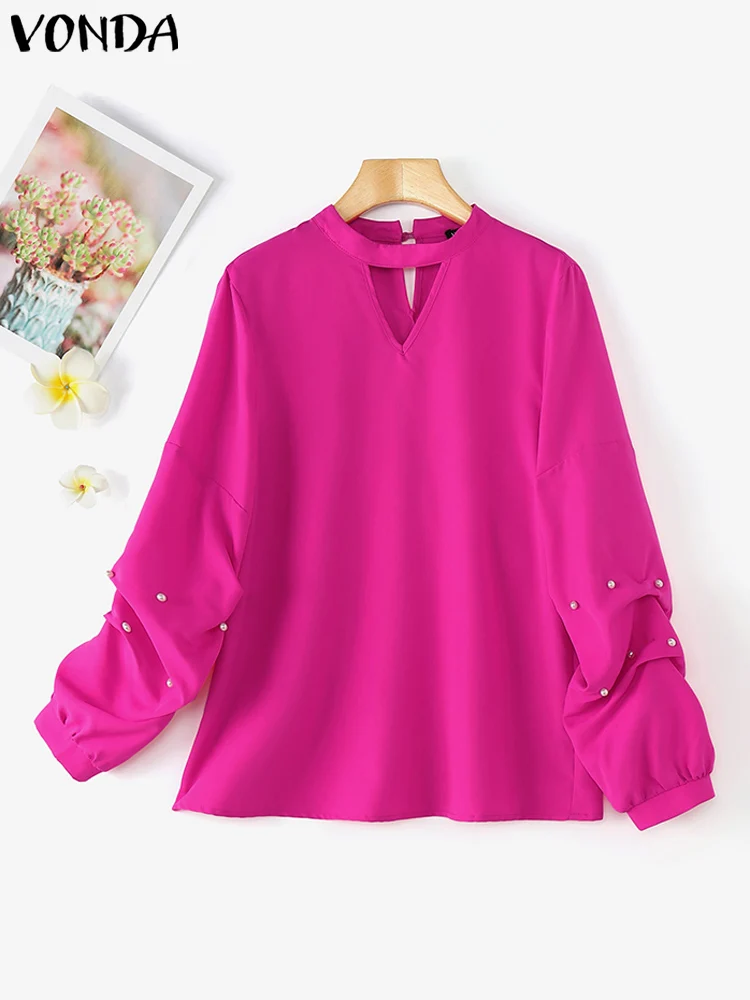 

Plus Size 5XL VONDA Women Ruffled Tops 2025 Elegant Long Sleeve Blouses Casual Solid Color Blusas Female Stand Collar Shirts