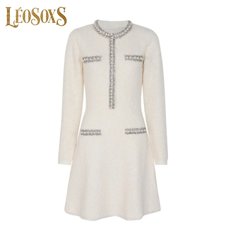 LEOSOXS Vestido feminino elegante de malha preto pérola e diamante detalhando bainha queimada para sofisticação de luxo sofisticada atemporal 2025