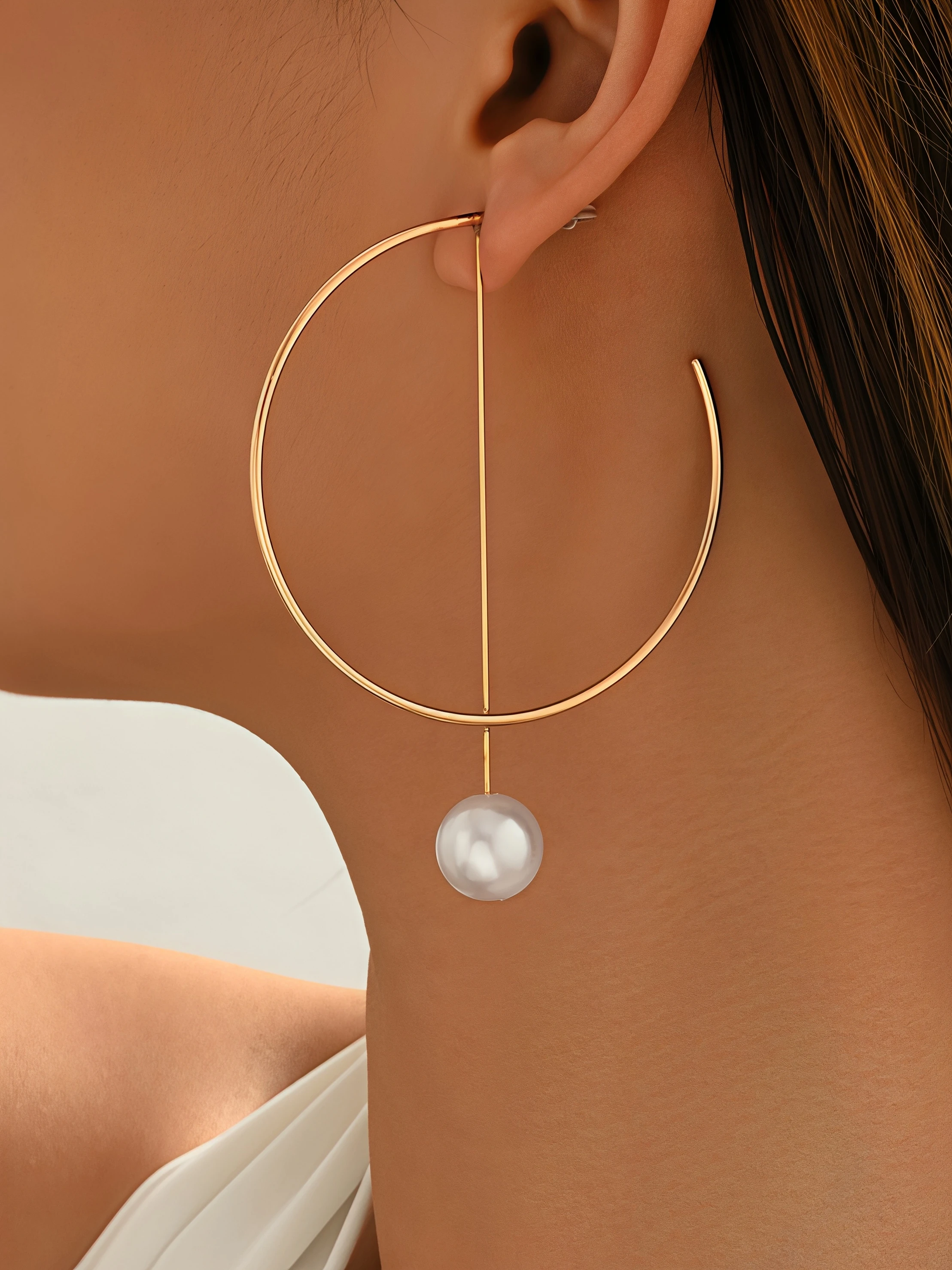 Fashionable Ladies' Pearl Drop Earrings C-Shape Linked Vertical Line Design Pair of Circular Ring Style Jewelry Accessory