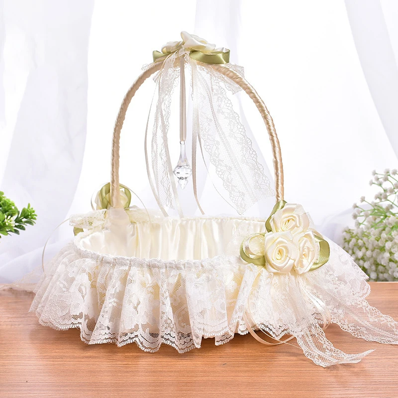 Lace Flower Basket Silk Cloth Clusters of Rosettes Throwing Petal Flower Basket Girl Flower Basket Wedding Supplies