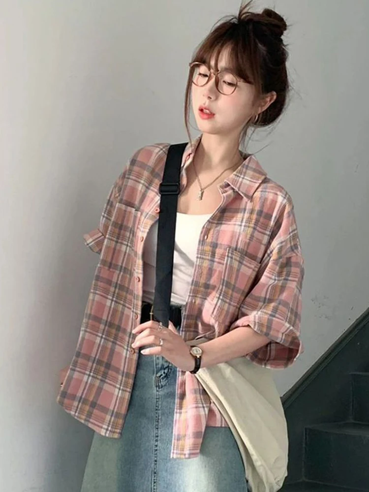 Zoki Sweet Pink Plaid Shirts Women Japan Loose Short Sleeve Blouse Summer Vintage Loose Cute Turn Down Collar Lady Elegant Tops