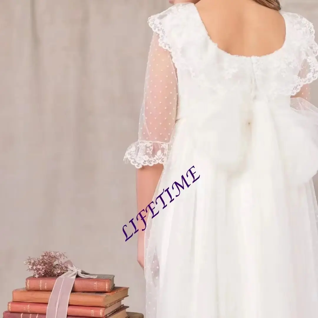 Customized Ivory Lace Flower Girl Dress with Half Sleeves Elegant Sash for Wedding Holy First Communion Child Formal Occasion Go