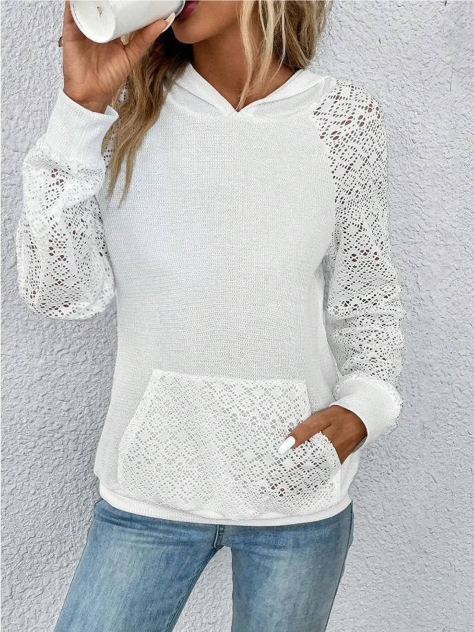 New Women Lace Waffle Patchwork Hoodie Casual Sweater