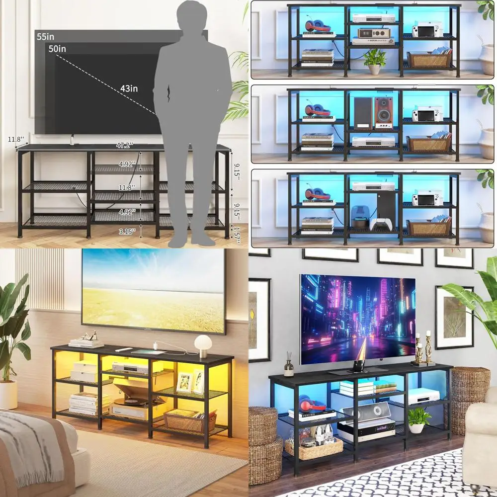 

55 TV Stand Entertainment Center with Adjustable Shelves, Power Outlet, LED Lights, Open Storage for Living Room and Bedroom, Bl