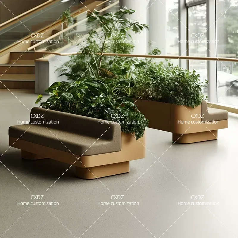 Customized Outdoor Wrought Iron Flower Box with Integrated Seat and Stool Square Planter for Commercial Street Landscape
