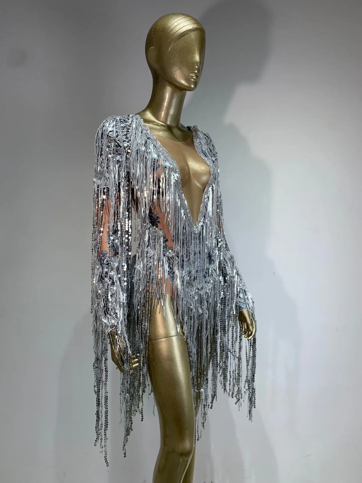 2025nova chegada lantejoulas borla sexy sheer malha bodysuit para bares e discotecasdjstage lantejoulas desempenho traje