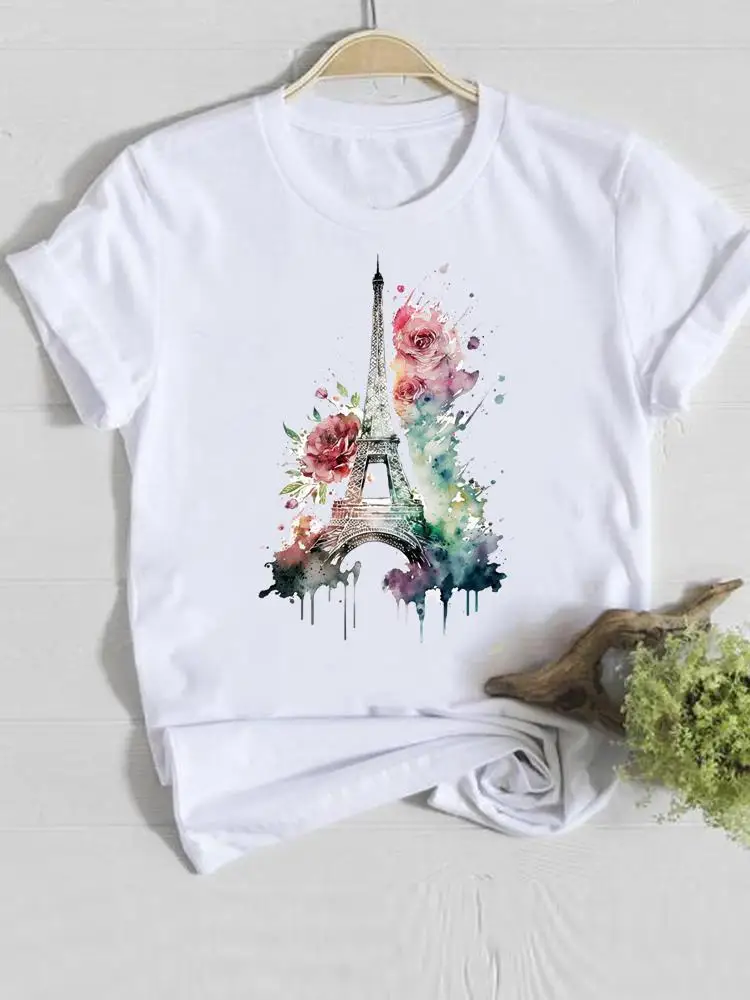 Camiseta de manga curta estampada com flores feminina, camiseta feminina, roupas casuais, aquarela, moda doce dos anos 90, camiseta gráfica para senhora