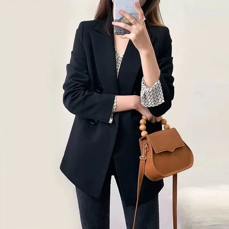 Women's Black Loose Fit Blazer - Spring/Autumn Fashion Casual Chic British Style Outerwear, Trendy Korean Design for Women
