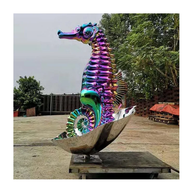 Garden outdoor fountain shape colorful sculpture stainless steel outdoor seahorse statue