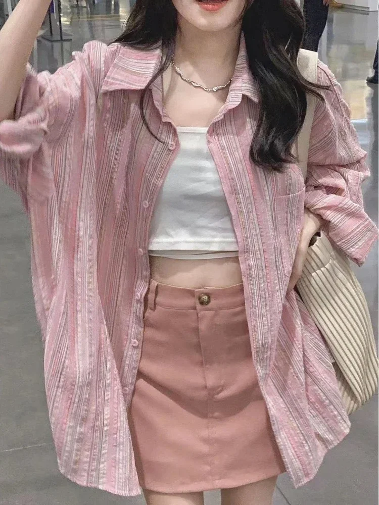 Shirts Women Aesthetic Summer Sweet Striped Korean Style High Street Long Sleeve Tops Hotsweet Sun-proof Loose Harajuku Vintage
