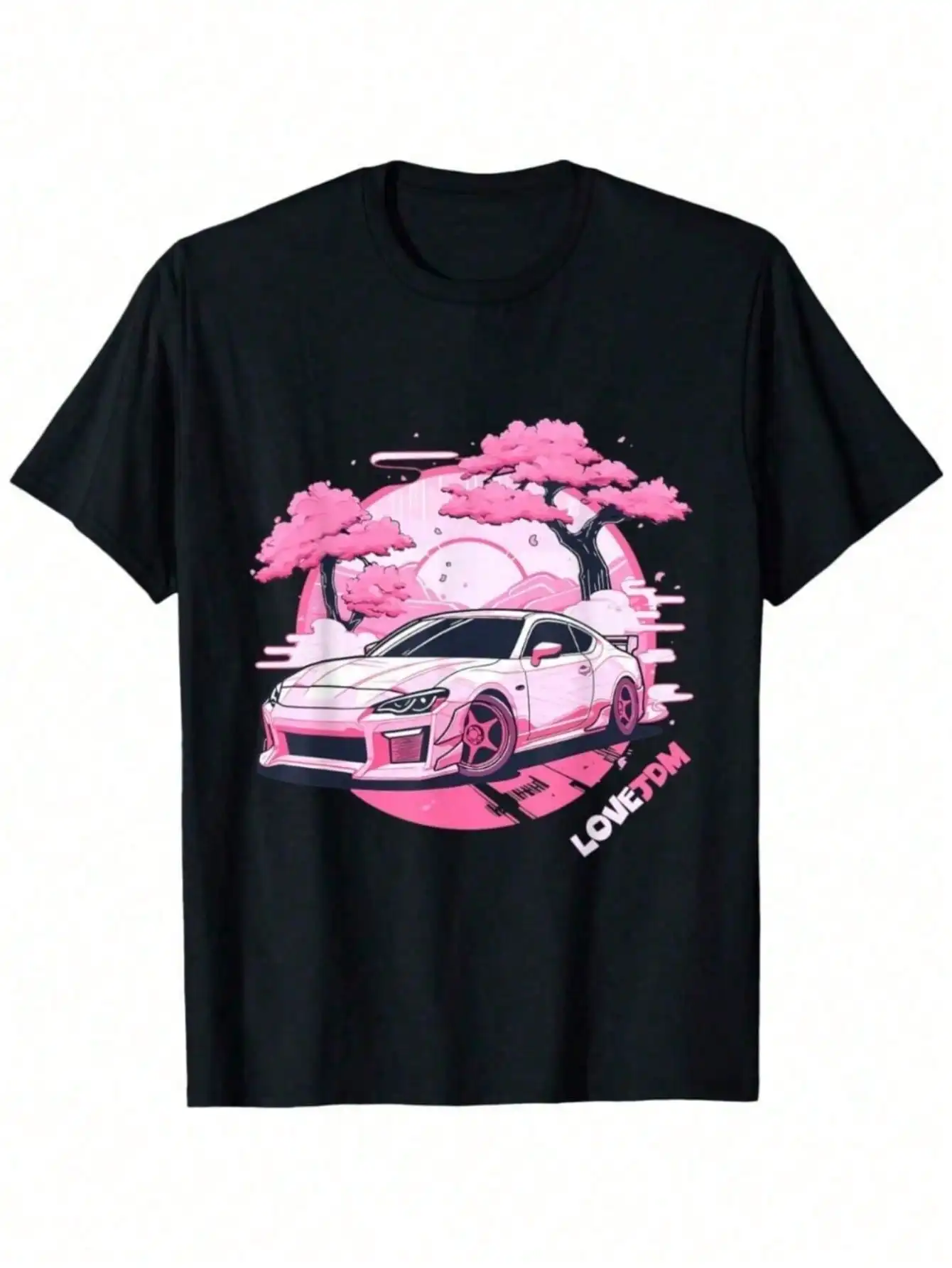Men's JDM Racing Graphic-Shirt - Black With Pink Japanese Streetwear Design, Soft Breathable Cotton, Loose Fit Short Sleeve Tee
