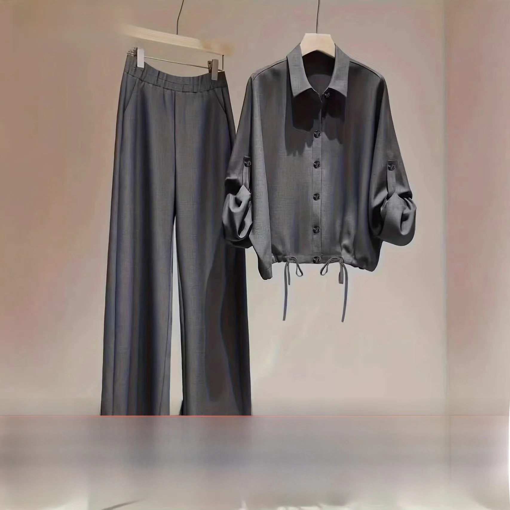 

2026 New Women's Drawstring Waist Shirt Wide Leg Pants Two Piece Set Cuffed Sleeve Turn-down Collar Commute Wear Casual Sport...