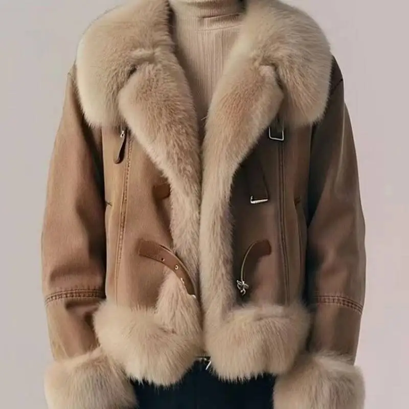 

Winter Fall Women Thick Warm Fashion Artifical Fur Patchwork Khaki Denim Jacket Coat , 2025 New Woman Jackets Coats
