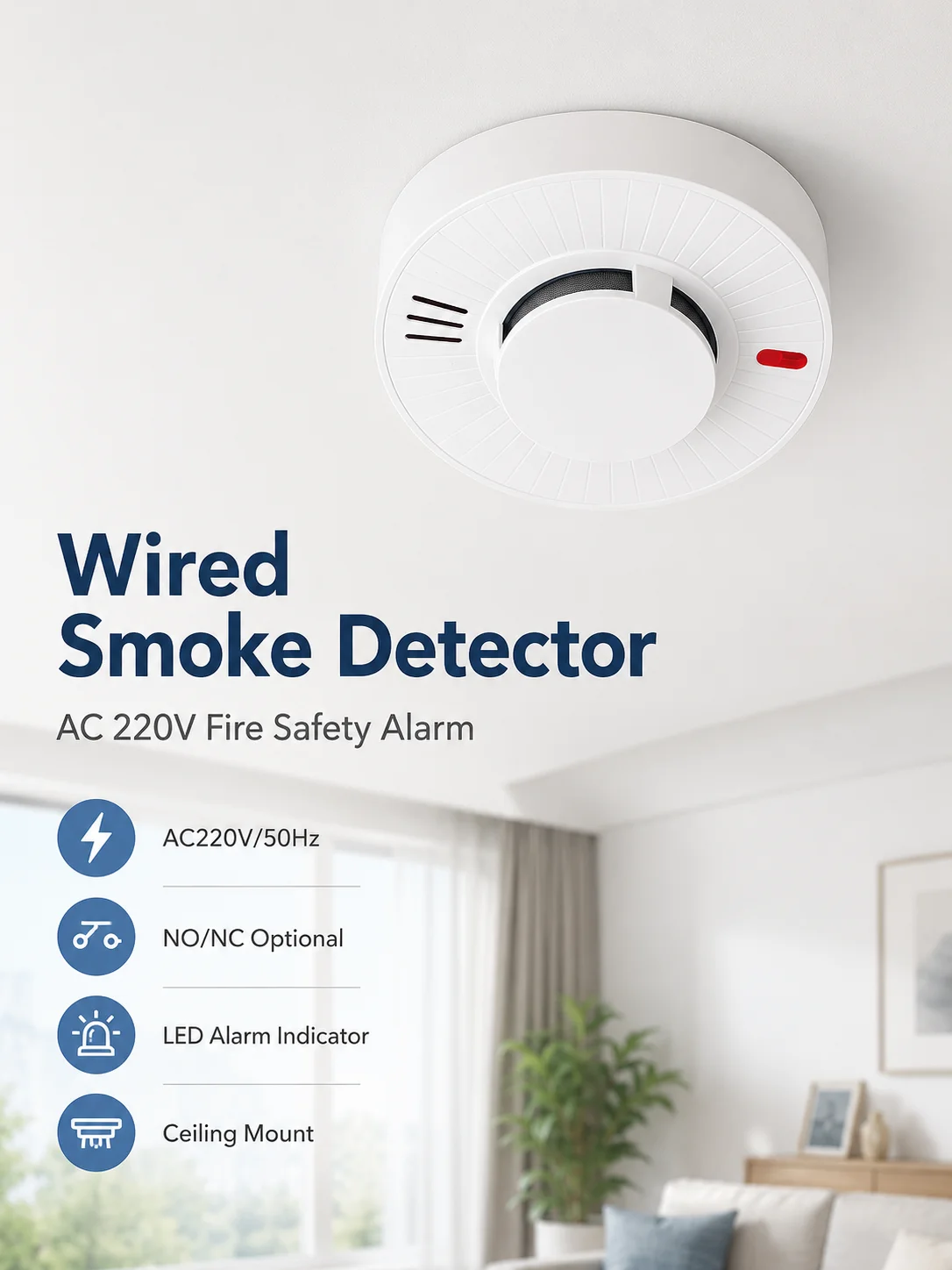 220V Wired Smoke Detector AC Fire Smoke Alarm Sensor NO NC Relay Output Ceiling Mount Photoelectric Smoke Alarm