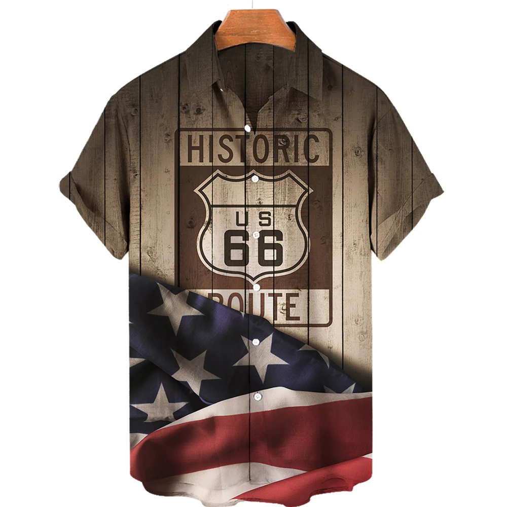 Route 66 Shirts for Men Hawaiian Shirts 2022 Summer 3D Fashion Print American Oversized Blusas Short Sleeve Button Male Clothing