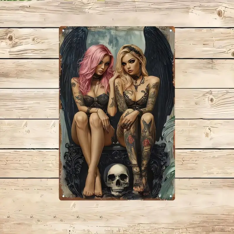 Vintage Metal Tin Sign - Gothic Dark Angels with Tattoos, Black Wings & Skull, Retro Iron Wall Art for Bars, Tattoo Studios, Got