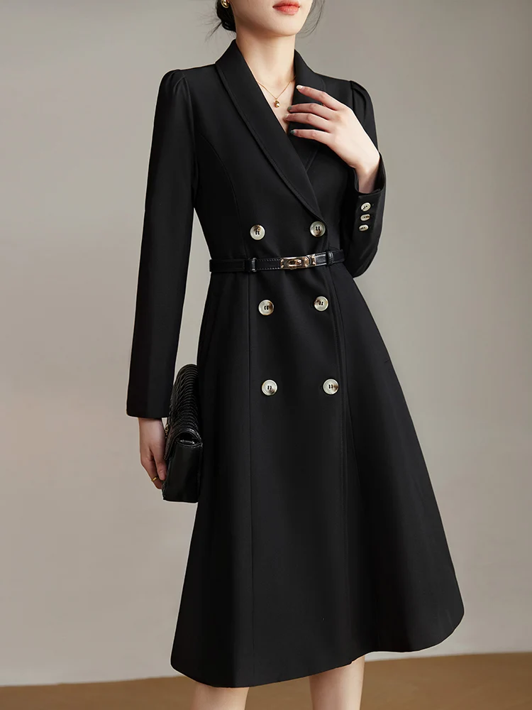 

EVNISI Autumn Winter Women Elegant Trench Coat With Belt Long Windbreaker Double Breasted Women Slim OL Long Trench Coat 2024