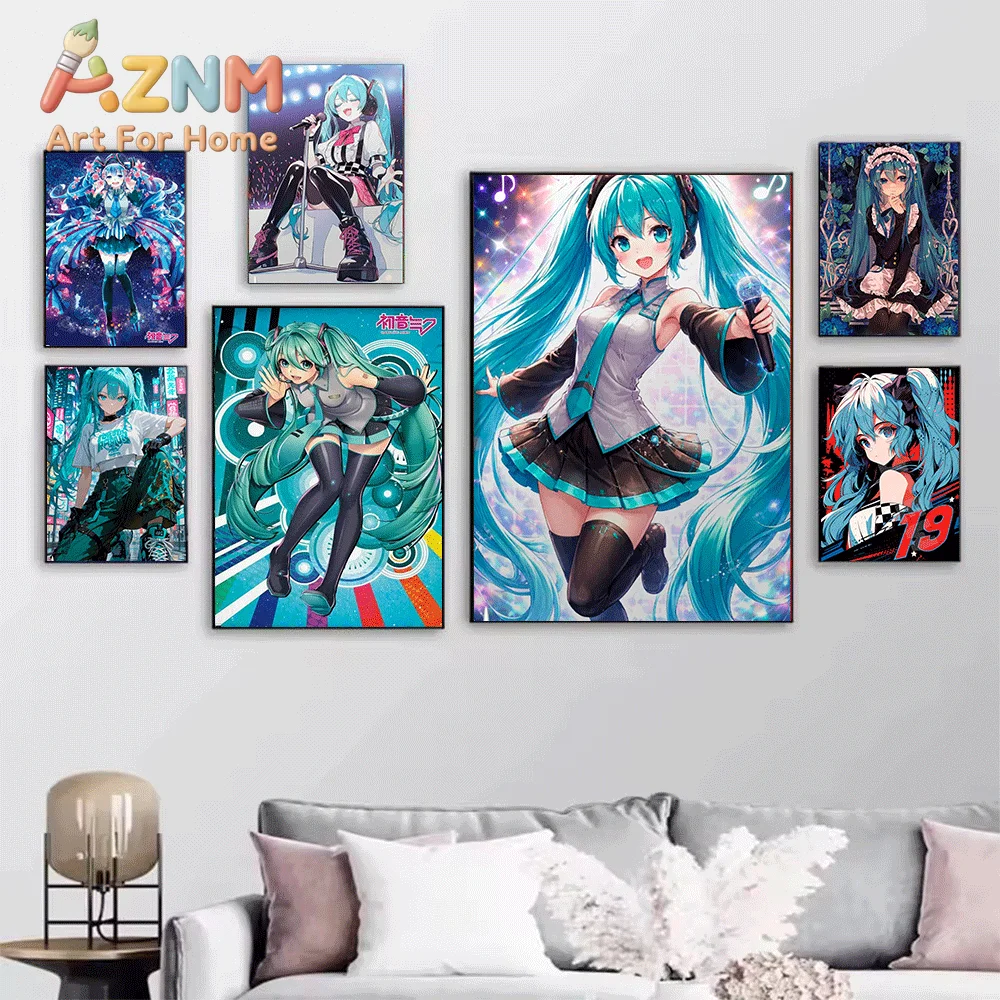 AZNM Hatsune Miku Rock Music Guitar Canvas Painting, Frameless Canvas Wall Art, Virtual Singer Anime Wall Painting for Bedroom view 2