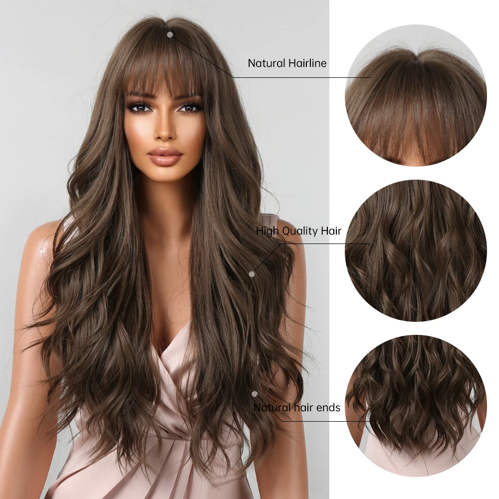 Brown 28 Inch Long Wavy Curly Synthetic Wig with Bangs Side Swept Layers Heat Resistant Wig for Women Daily Party Cosplay