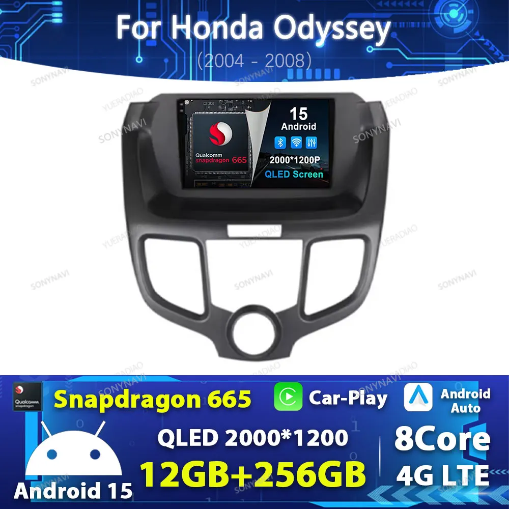 Radio para Auto Android 15 para Honda Odyssey 2004 2005 2006 2007 2008, GPS NAVI, 4G WIFI, BT, Unidad Principal QLED Qualcomm 2DIN, Sistema LTE 5G