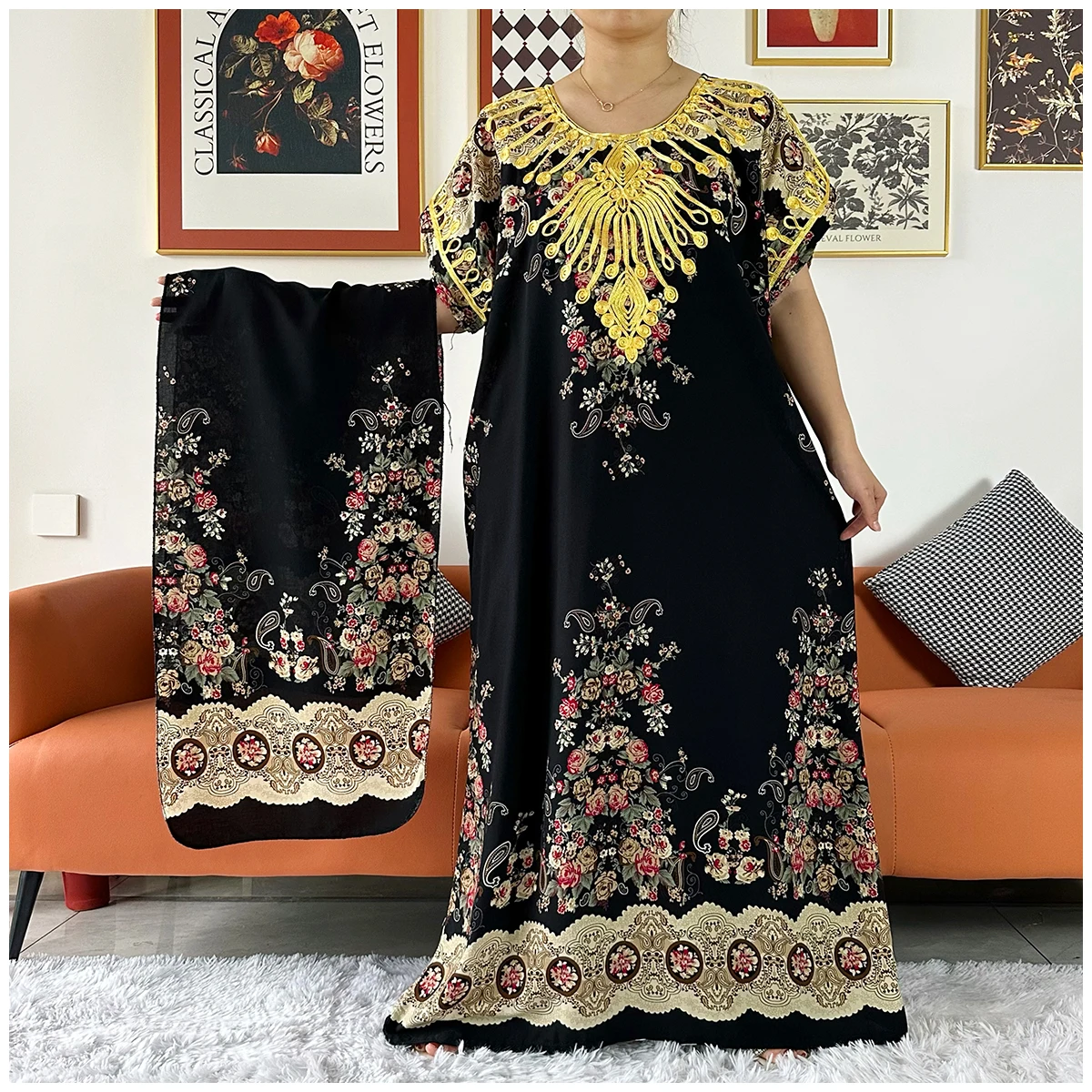 2 Pieces Africa Dashiki Floral Printing Loose Cotton Caftan Lady Summer Maxi Casual Dresses With Scarf  Vestidos Short Sleeve