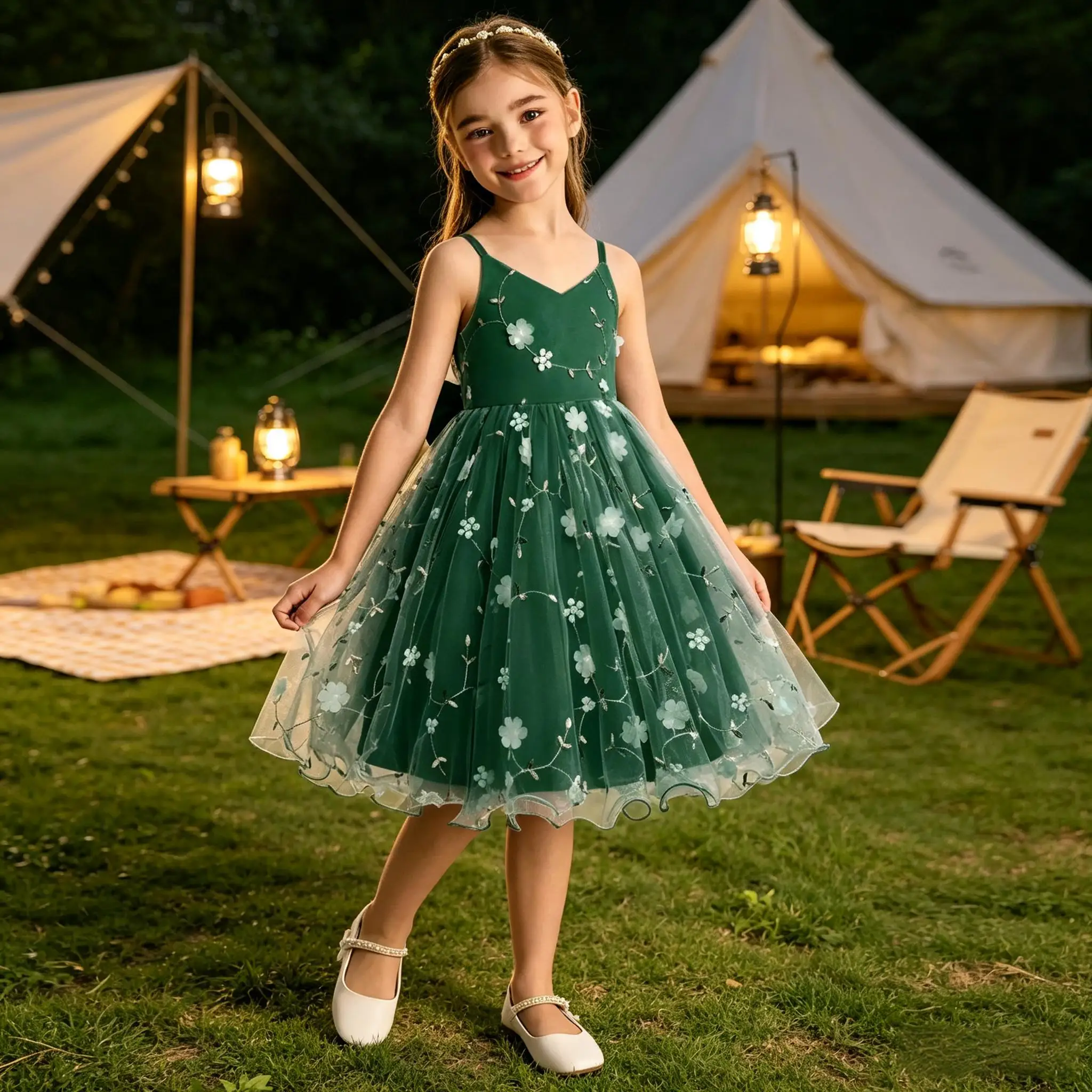 Cswdocy Romantic Girls Bridesmaid Dress Spaghetti Strap 3D Floral Tulle Gown With Back Bow Flower Girl Dress For Pageant Formal