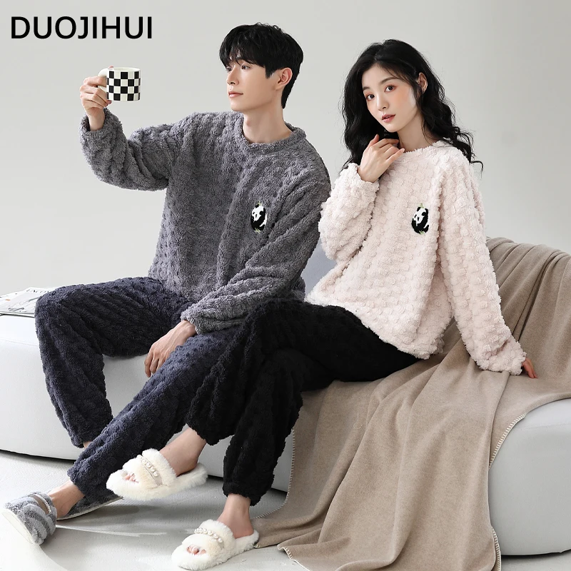 DUOJIHUI Two Piece Couple Clothes Simple Pajamas for Women Winter New O-neck Pullover Basic Pant Loose Casual Female Pajamas Set