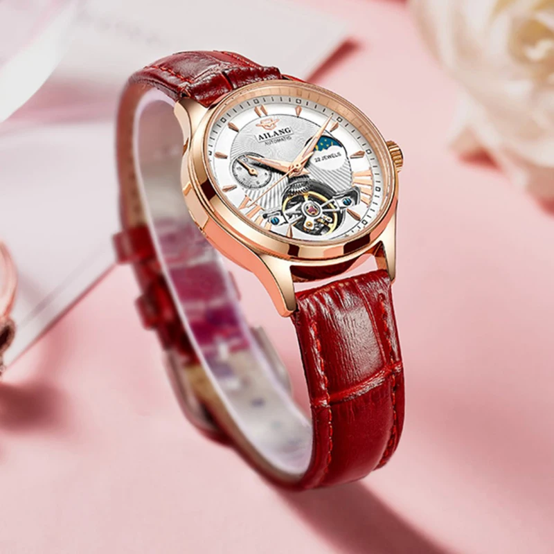 AILANG Luxury Classic Fashion Tourbillon Women Wrist Watch Top Automatic Mechanical Lady Watch Moon Phase Leather Strap Reloj