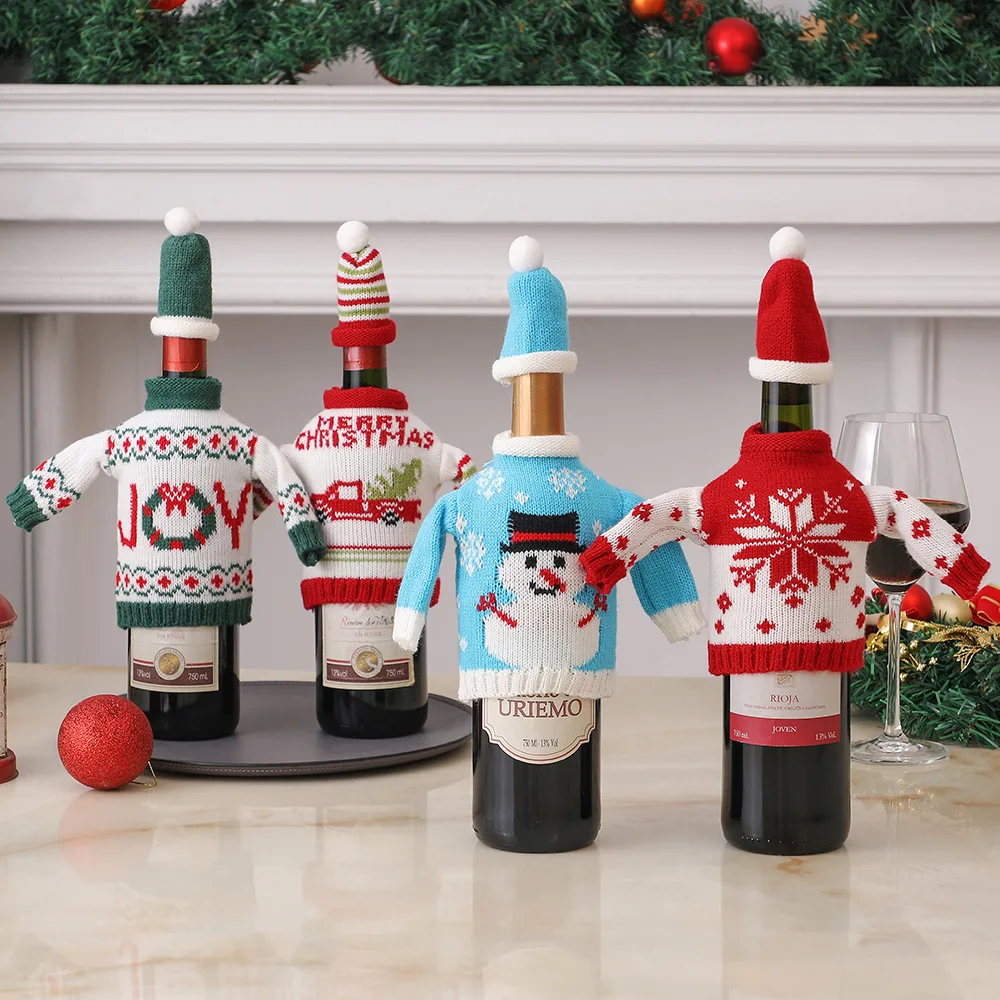 Christmas Holiday High-end Wine Bottle Cover Decoration Snowman Car Knitted Champagne Cover Restaurant Layout Dinging Decoration