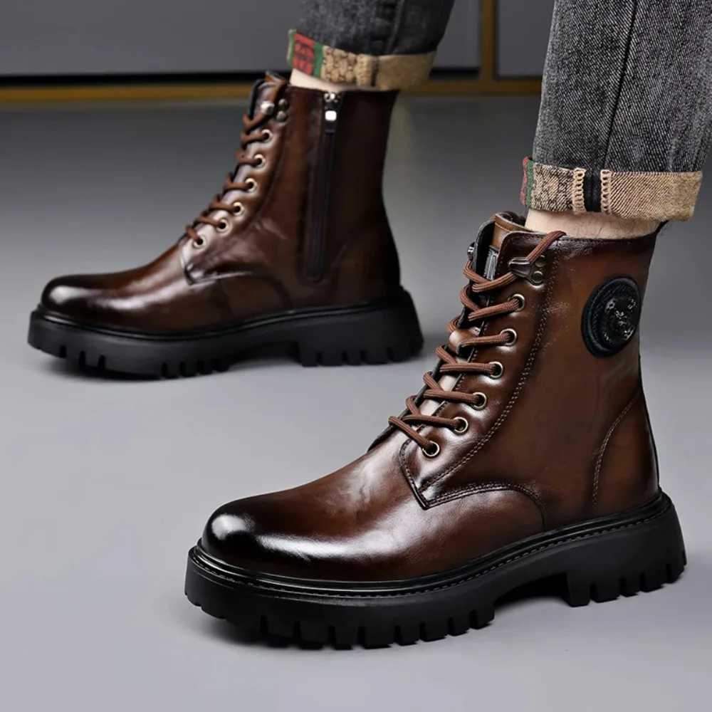 

Высококачественные ботинки из натуральной кожи в стиле ретро, осенние дизайнерские бархатные теплые рабочие туфли, мужские модные повседневные ботинки на платформе для мужчин, Botas