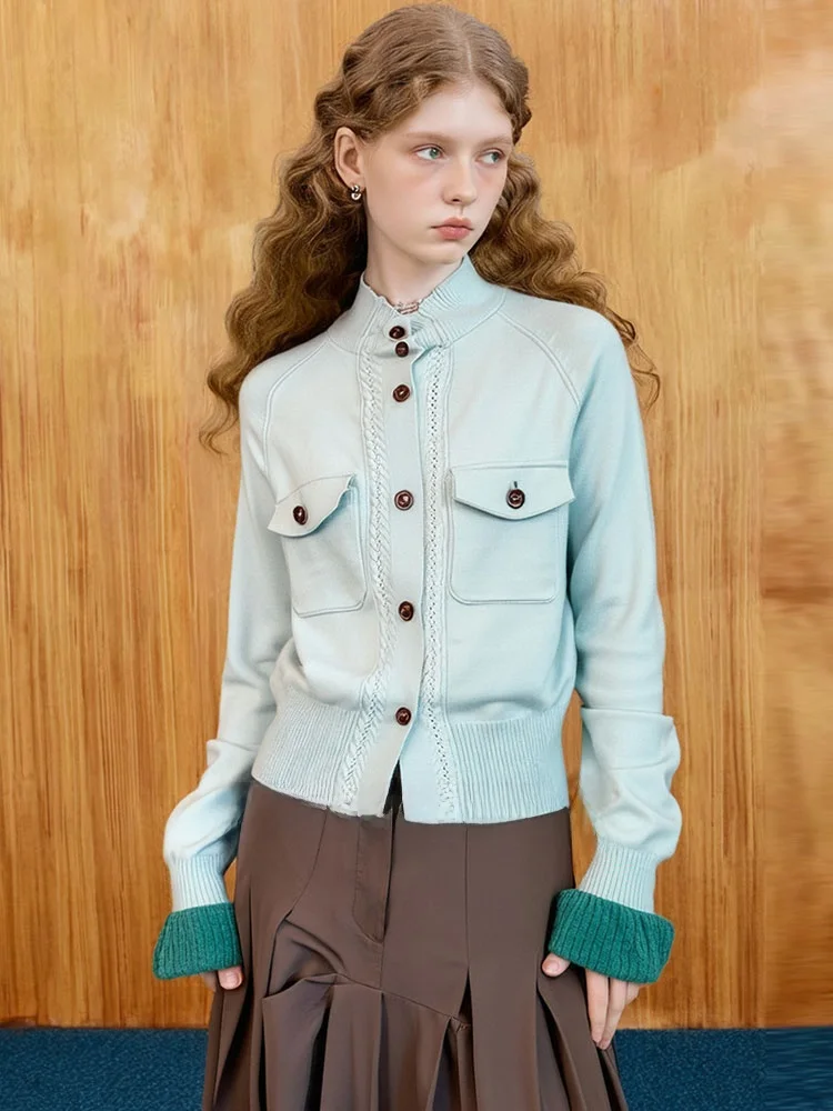 

Ele Color Blo Knitwear Women's Button up Stand Collar Sve Cuffs High End Feeling Autumn New Sle Zhezhi Knitted Swe...