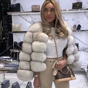 Image Faux Fur Women Coats Solid Round Neck Full Sleeve Coat Thick Warm Fox Short Open Stitch Elegant Splice Autumn Winter 2024