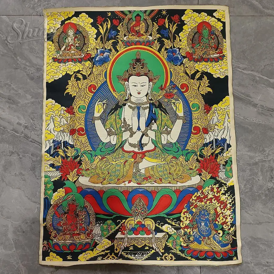 

Four-Armed Avalokiteshvara Brocade Tibetan Tangka Embroidery Painting Gold Thread Embroidery Decorative Hanging Pictures