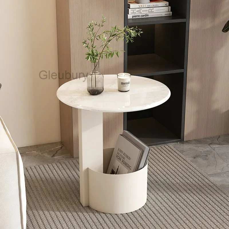 Minimalist Round Marble Top Side Table, Built-in Magazine Storage Basket,Accent End Table for Living Room, Bedroom & Small Space