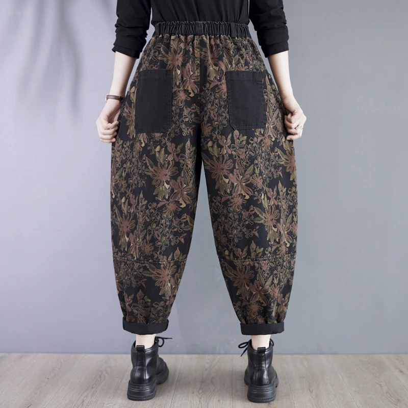 الرجعية طباعة هارلان السراويل النسائية عارضة فضفاض التخسيس Faionable ربيع الخريف عالية الخصر طويل بلا أبي الجينز السيدات