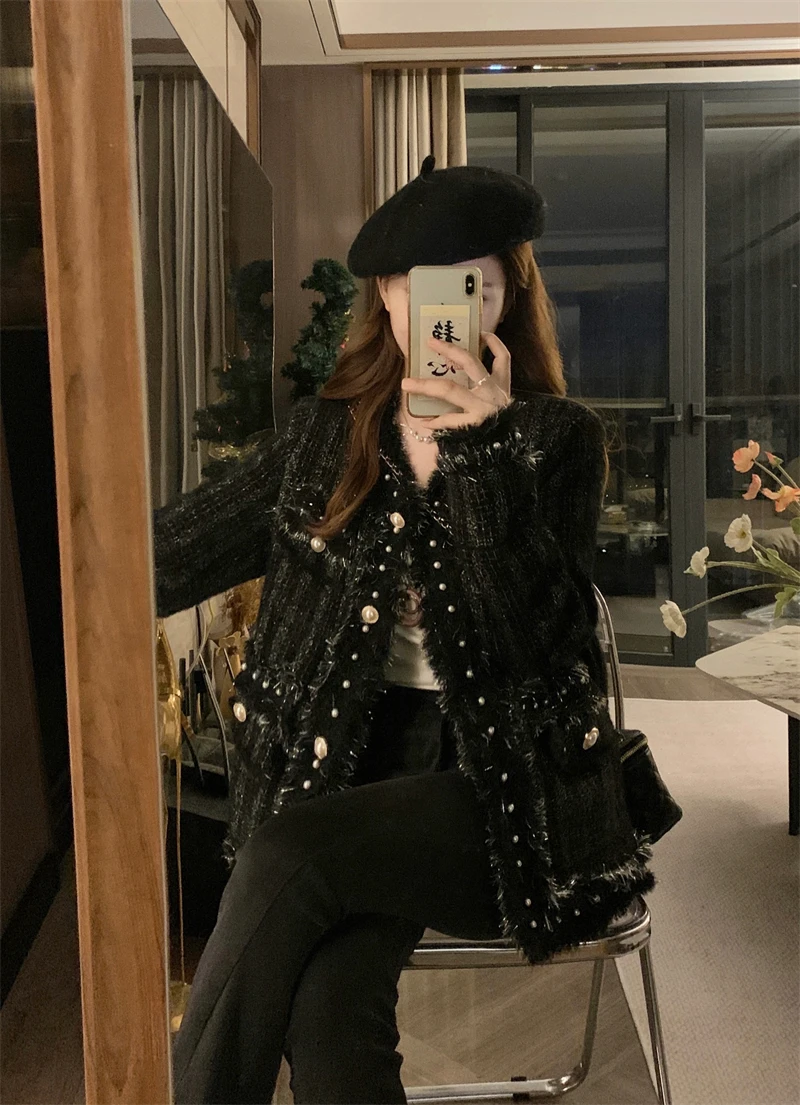 

Tweed Jacket Beige Womens Spring Military Combat Utility Cargo-Style Multi-Pockets Storage Function Functional Practical Stylish