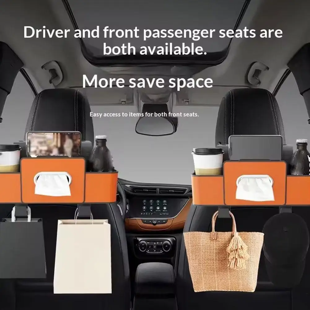 Immagine 6: Organizer Multifunzionale per Sedile Auto Arancione in ABS e Pelle con Portabicchieri e Dispenser per Fazzoletti Universale per Tutti i Veicoli