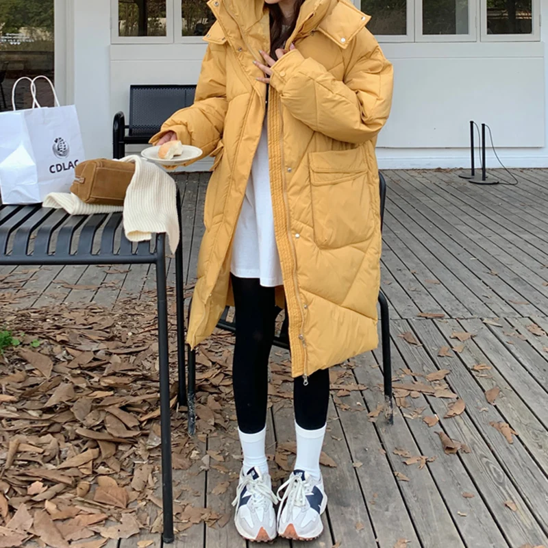 

Новинка Зима 2023 Женская толстовка средней длины Корейская версия до колен Повседневная модная пуховая хлопковая куртка