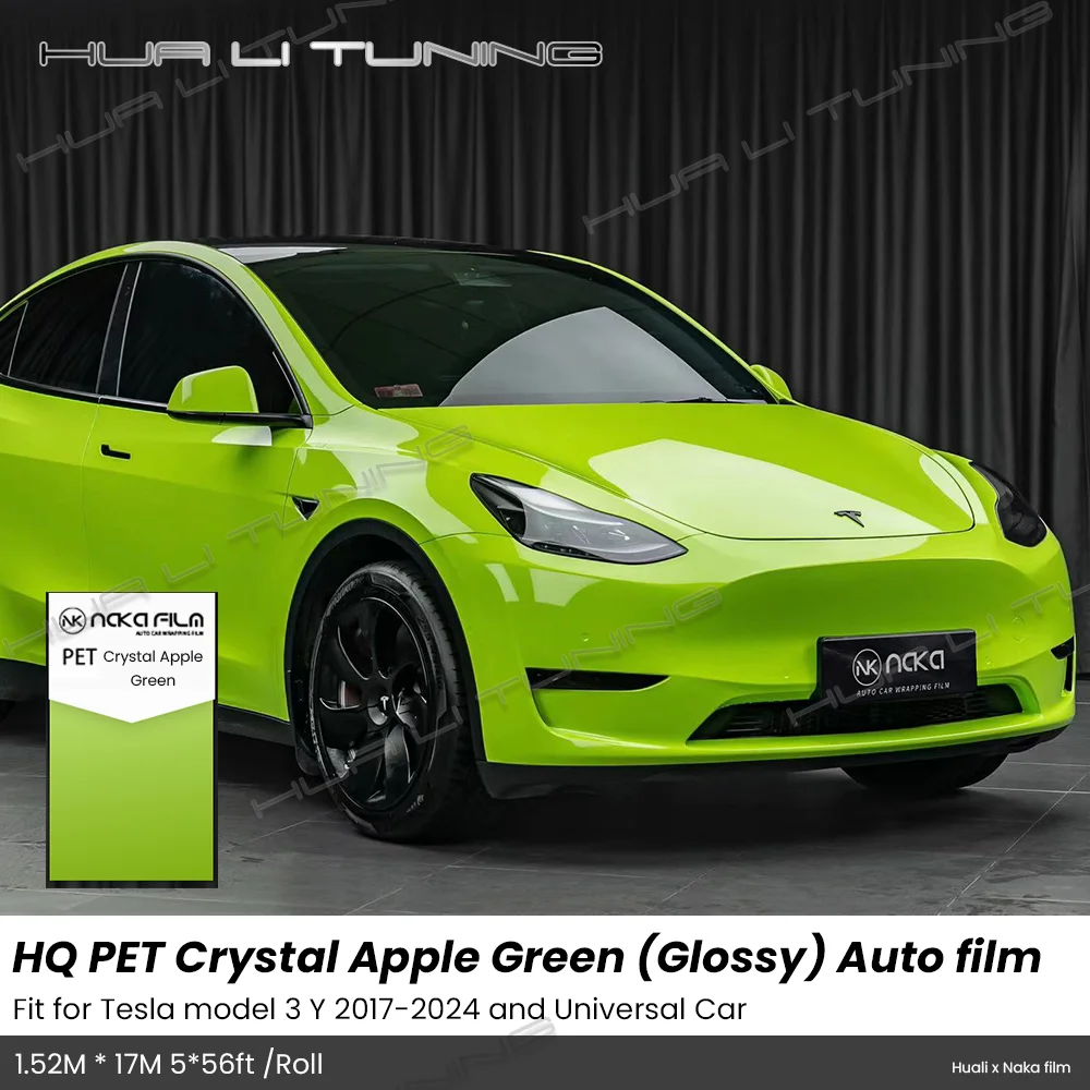 

Tesla Vinyl Wrapping Film For Model 3 Y 2017-2024 or Universal Car Glossy Crystal Apple Green PET Color changing Wrap Car Tuning